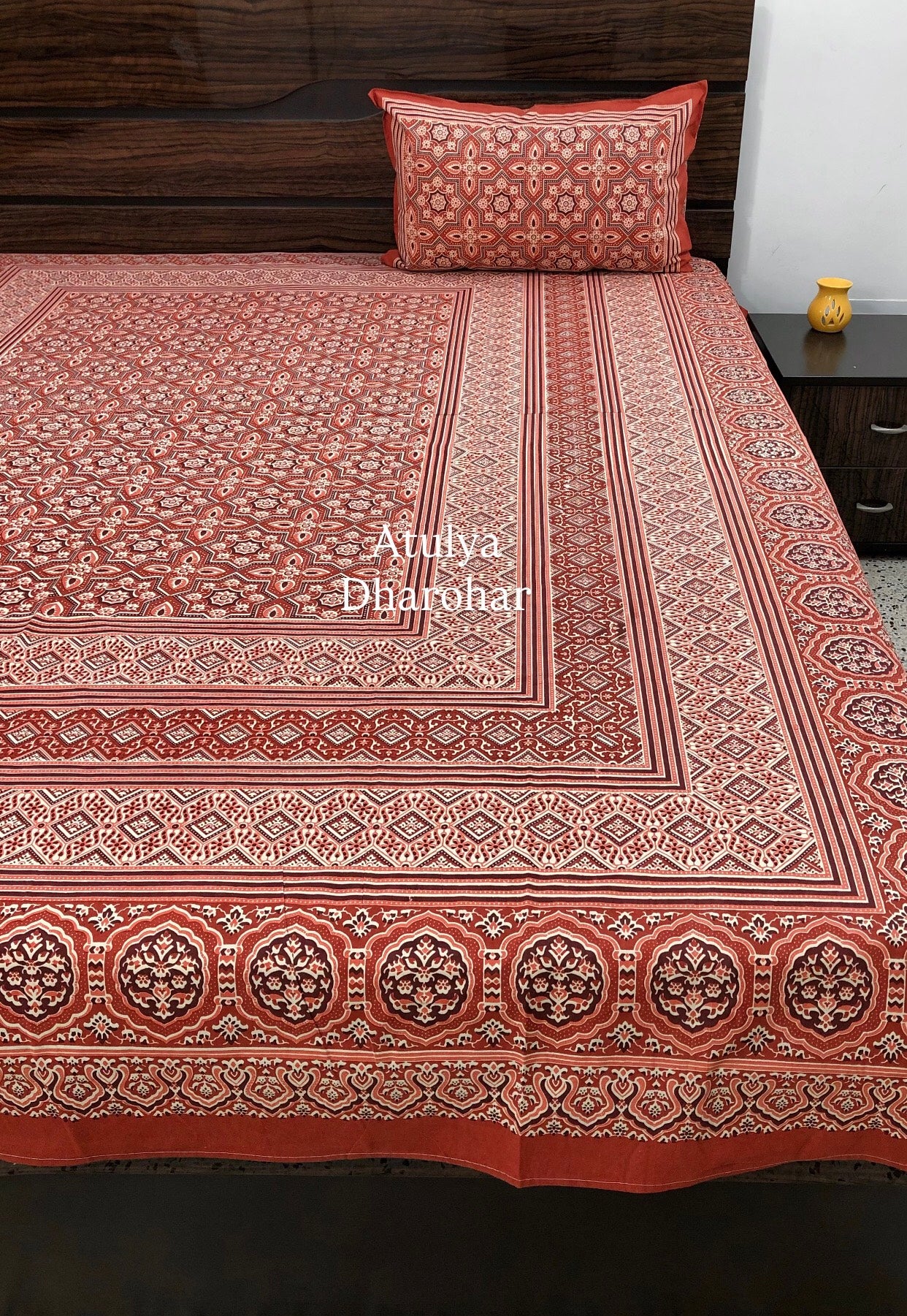 Rusty Red Ajrakh King Size Bedsheet