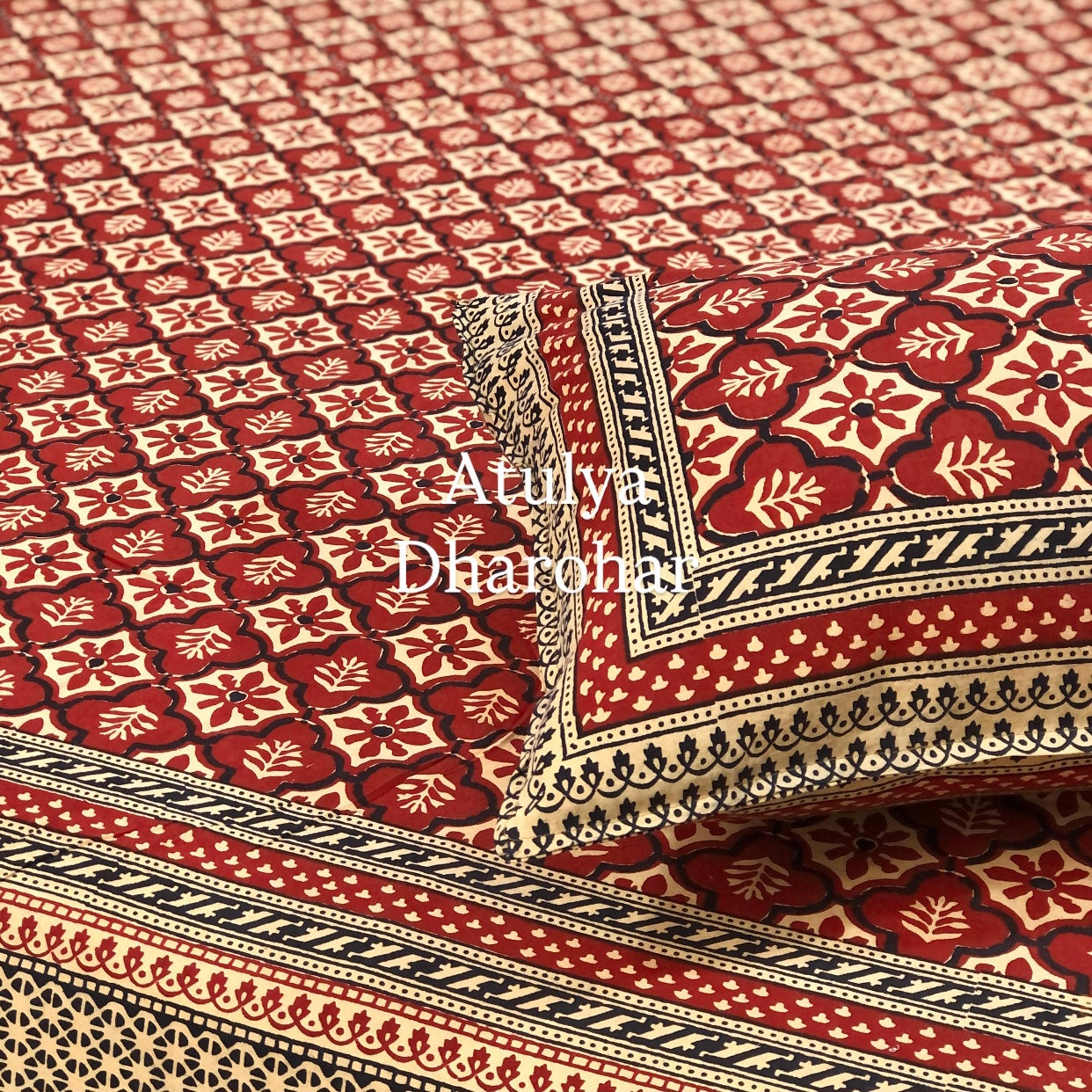 Maroon & Black Cotton Kalamkari King Size Bedsheet
