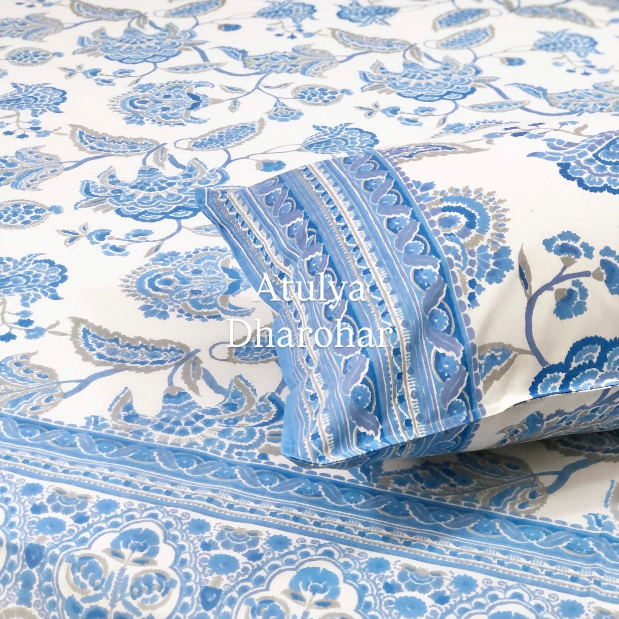 Blue Floral Jaal King Size Bedsheet