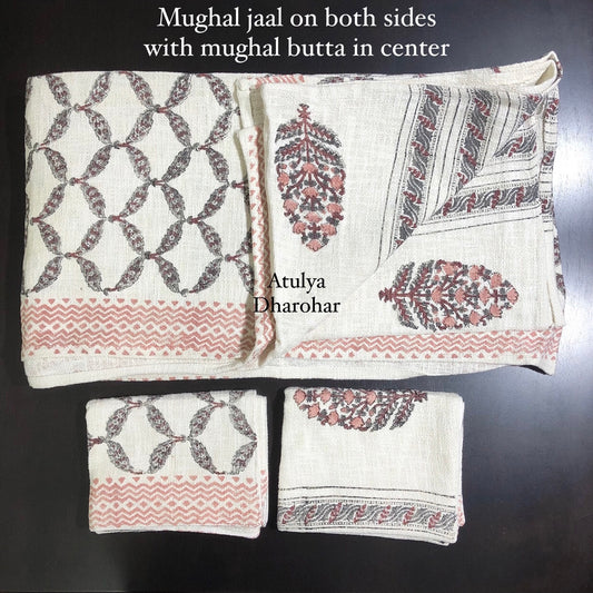 Rust and Brown Mughal Jaal with Mughal Butta Hand Block Printed Jute Cotton Bedcover