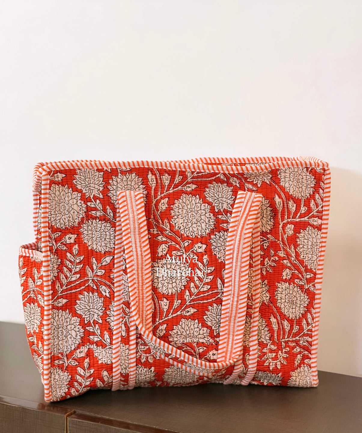 Orange Floral Medium Tote Bag with Zip
