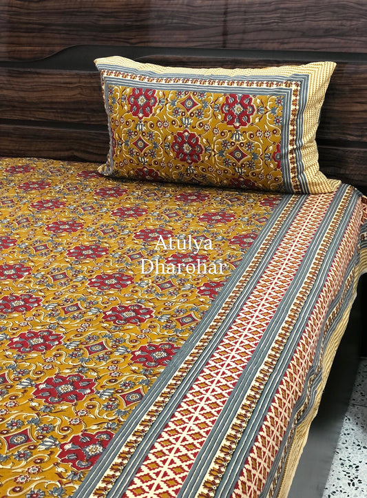 Greenish Mustard and Maroon Cotton Kalamkari King Size Bedsheet