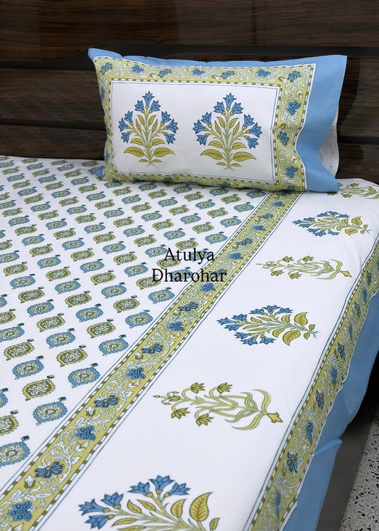 Blue and Green Floral Motifs Cotton Super King Bedsheet