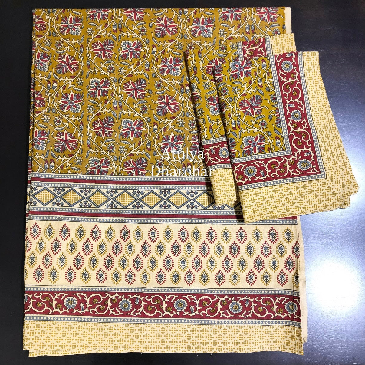 Greenish Mustard and Maroon Kalamkari Cotton King Size Bedsheet