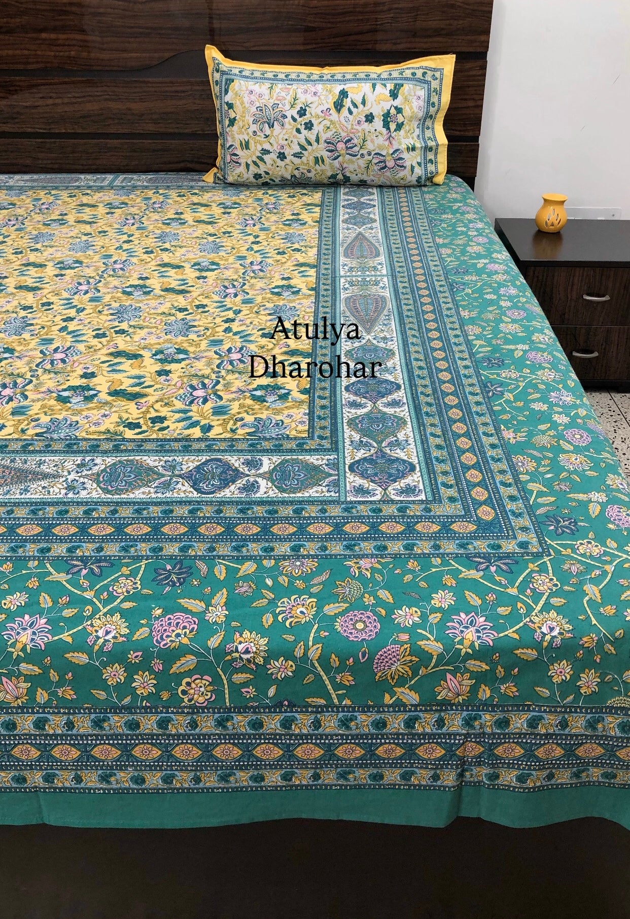 Yellow & Green Floral Jaal Cotton Super King Bedsheet
