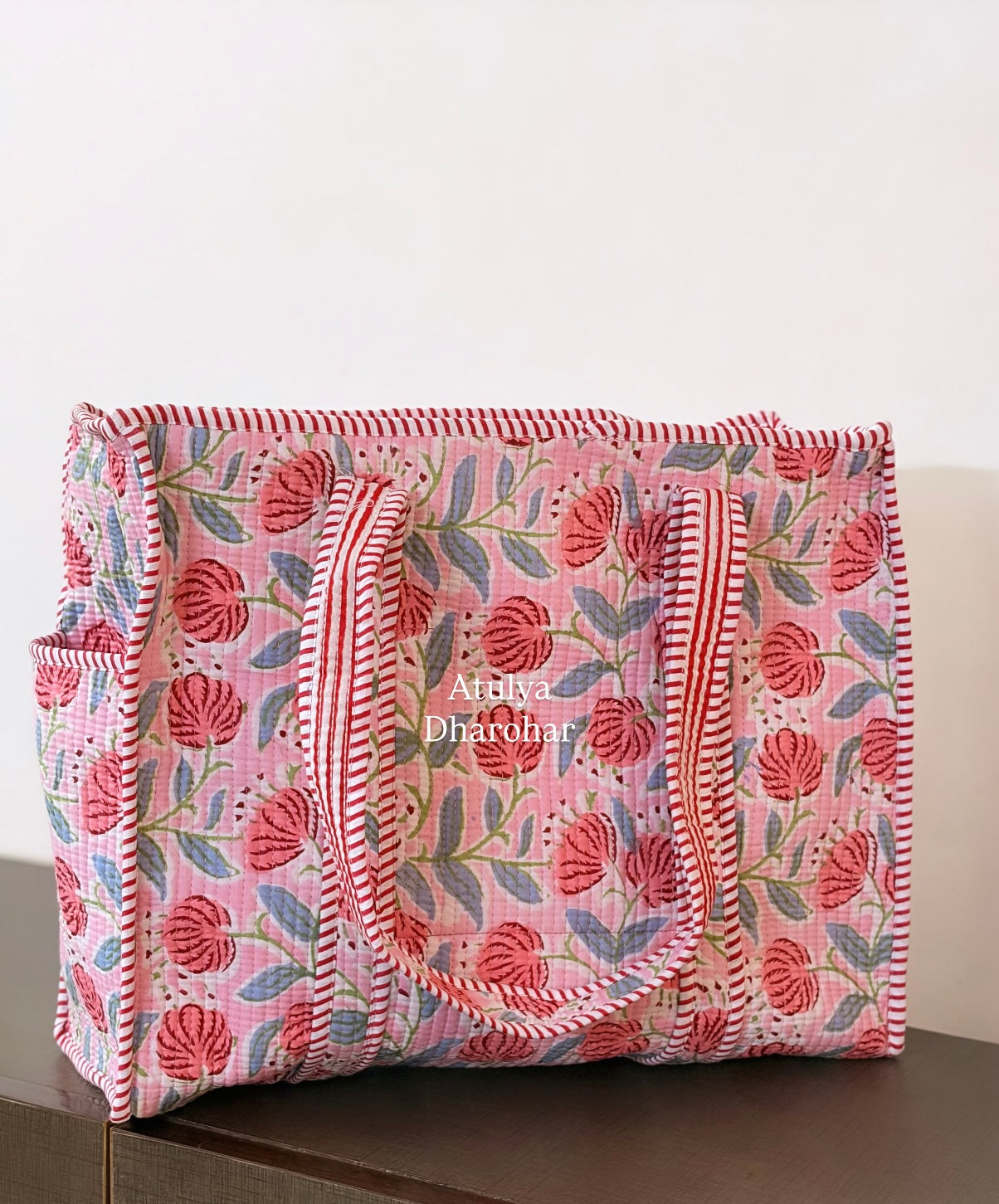 Peach Floral Medium Tote Bag with Zip