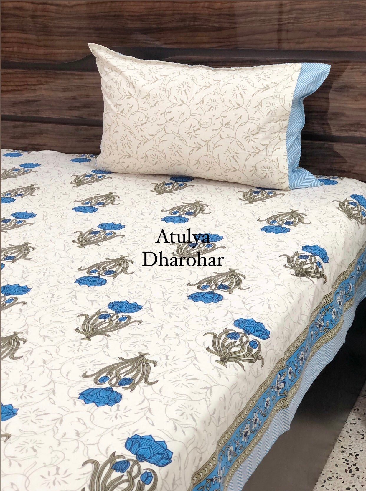 Blue Floral Motifs Cotton Bedsheet
