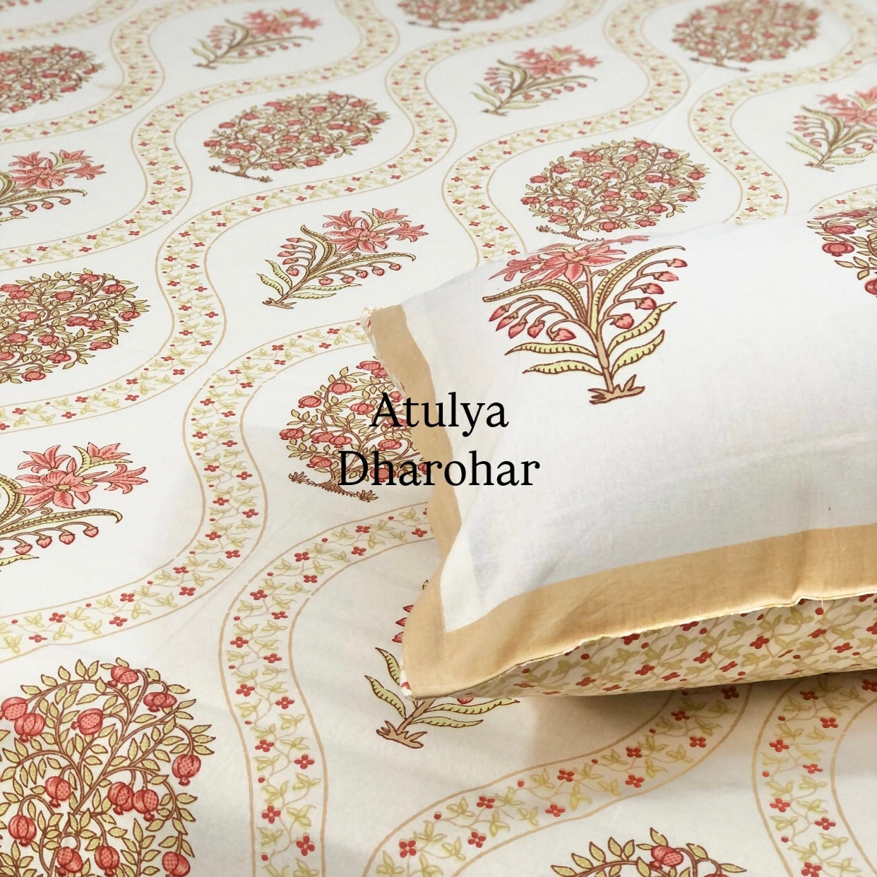 Peach Floral Motifs Cotton Super King Size Bedsheet