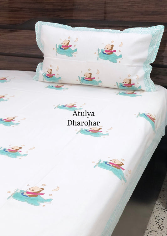 Flying Bunny Kids Hand Block Printed Single Bedsheet