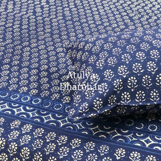 Indigo Butti Hand Block Printed Super King Bedsheet
