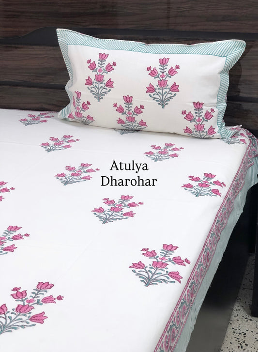 Purple Floral Motifs Hand Block Single Bedsheet
