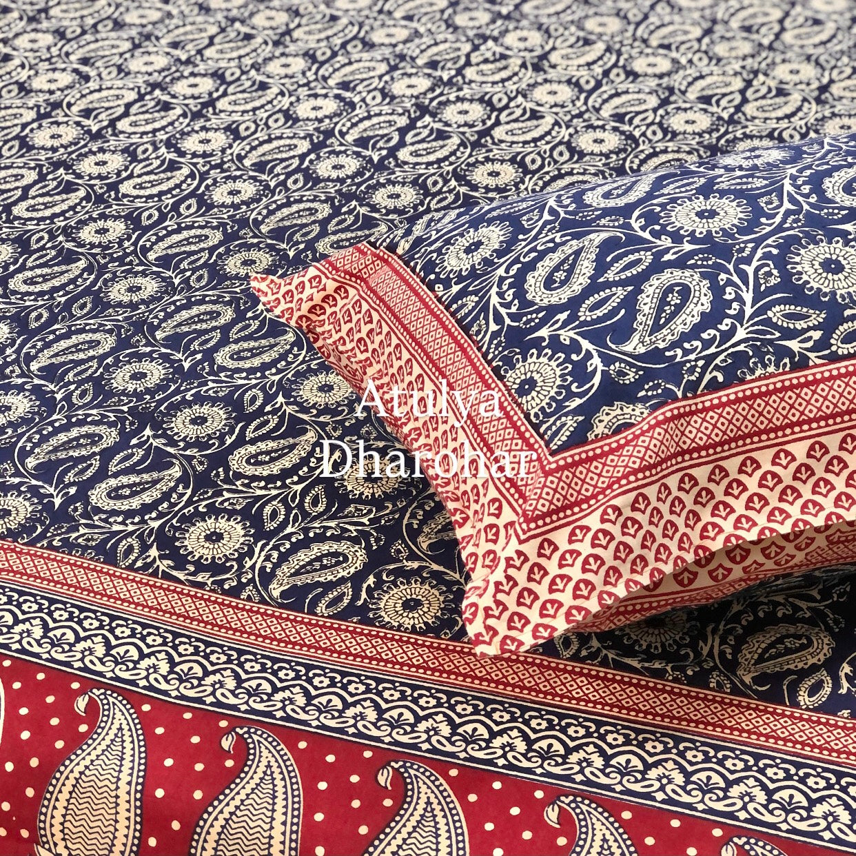 Indigo and Red Cotton Kalamkari King Size Bedsheet