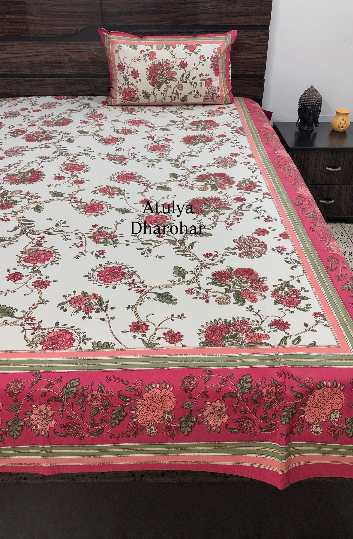 Pink and Green Floral Jaal Cotton Super King Bedsheet