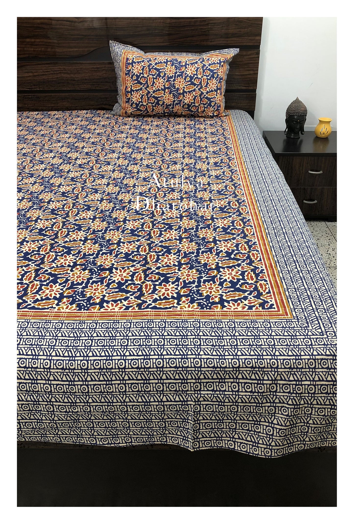 Blue Floral Jaal Cotton King Size Bedsheet