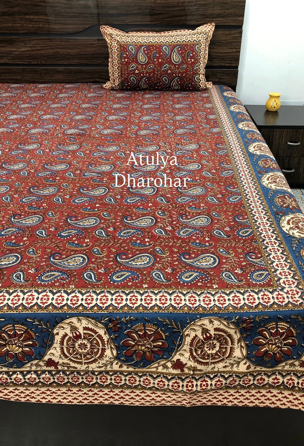Maroon & Blue Kalamkari Cotton King Size Bedsheet