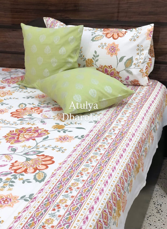 Multicolour Floral Jaal Cotton Super King Bedsheet