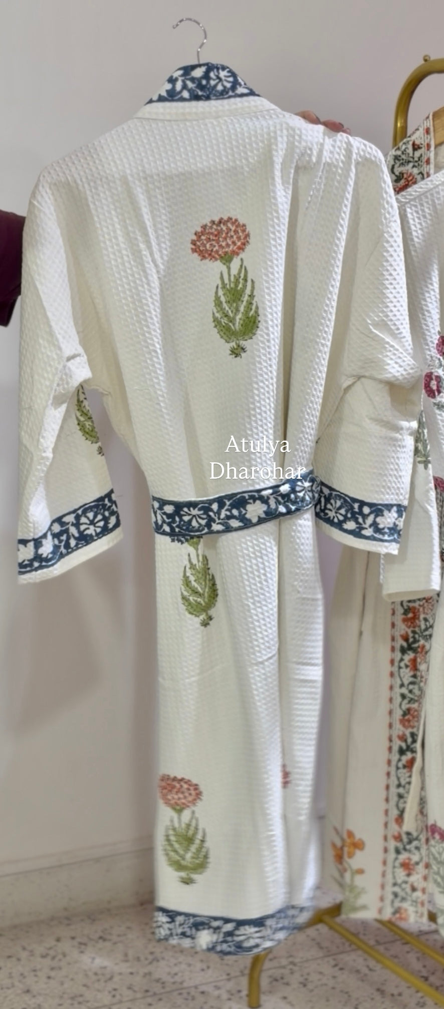 Blue and Orange Floral Motifs Waffle Cotton Bathrobe