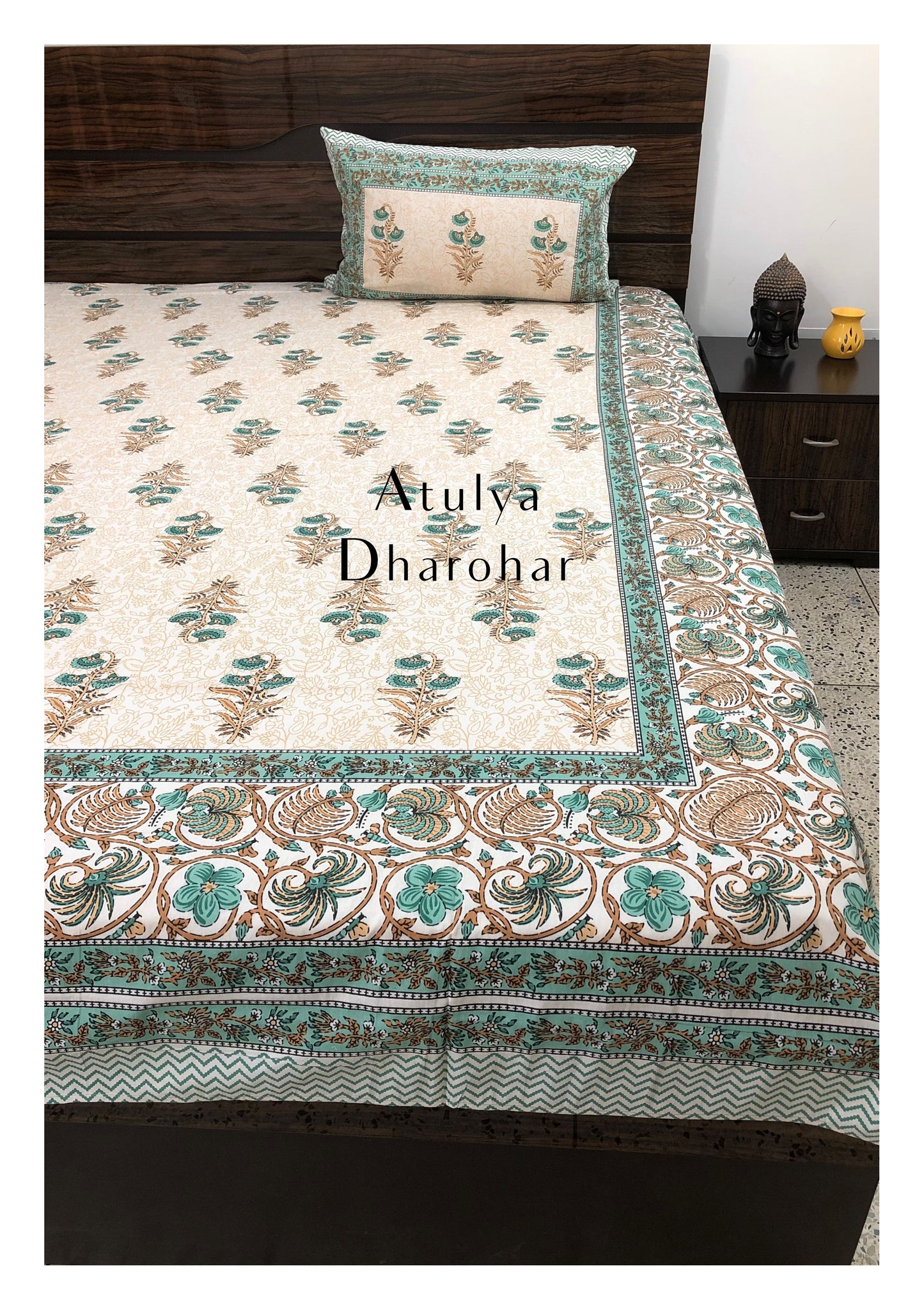 Turquoise Green Mughal Motifs Bedsheet