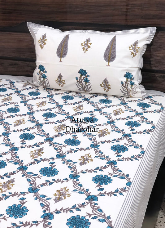 Blue and Green Floral Mughal Jaal Cotton Single Bed Bedsheet