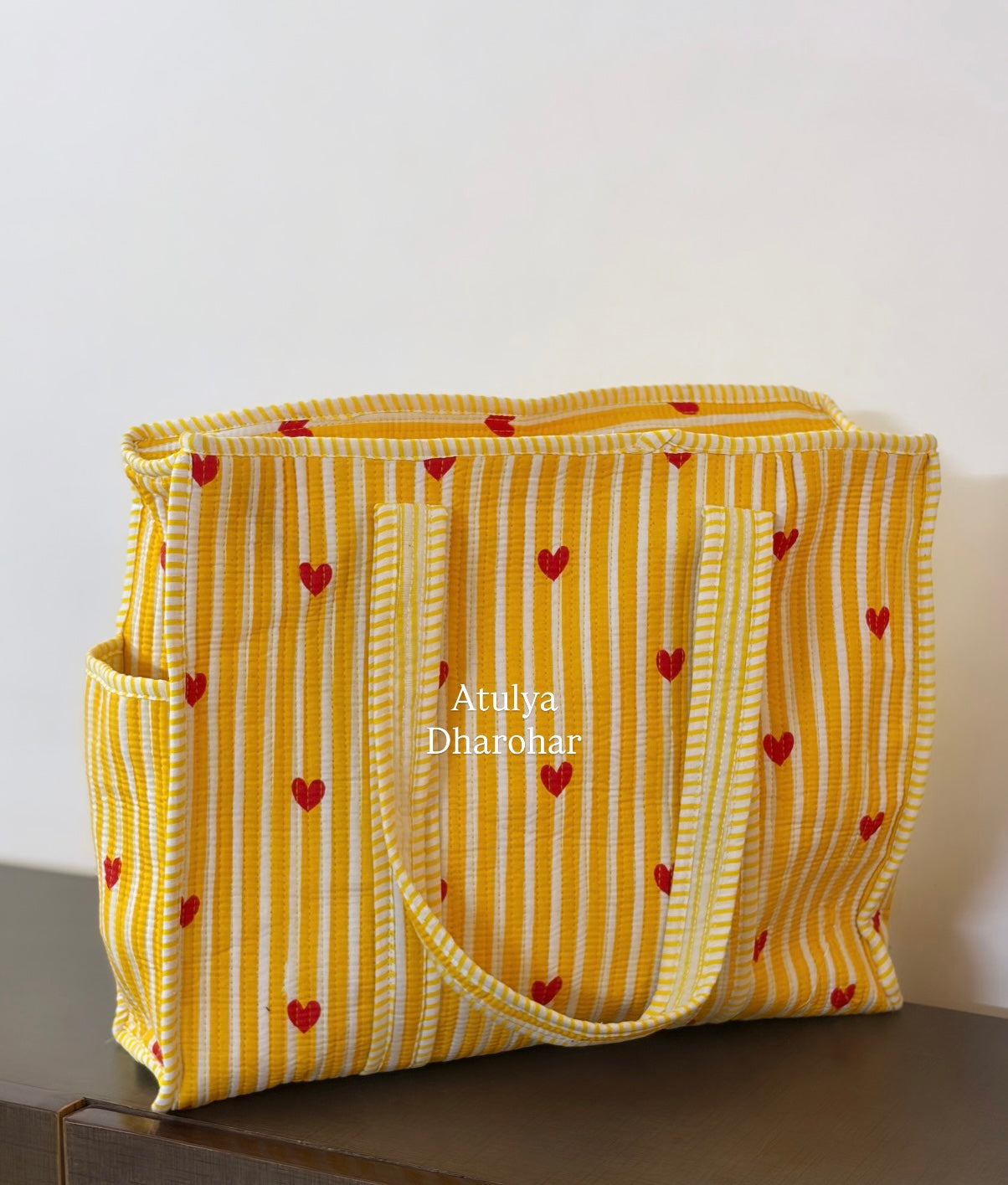 Yellow with Red Hearts Medium Tote Bag with Zip