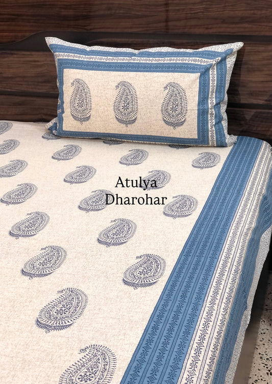 Blue Paisley Motifs Cotton King Size Bedsheet