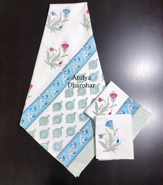 Pink and Blue Floral Hand Block Waffle Cotton Towel Set