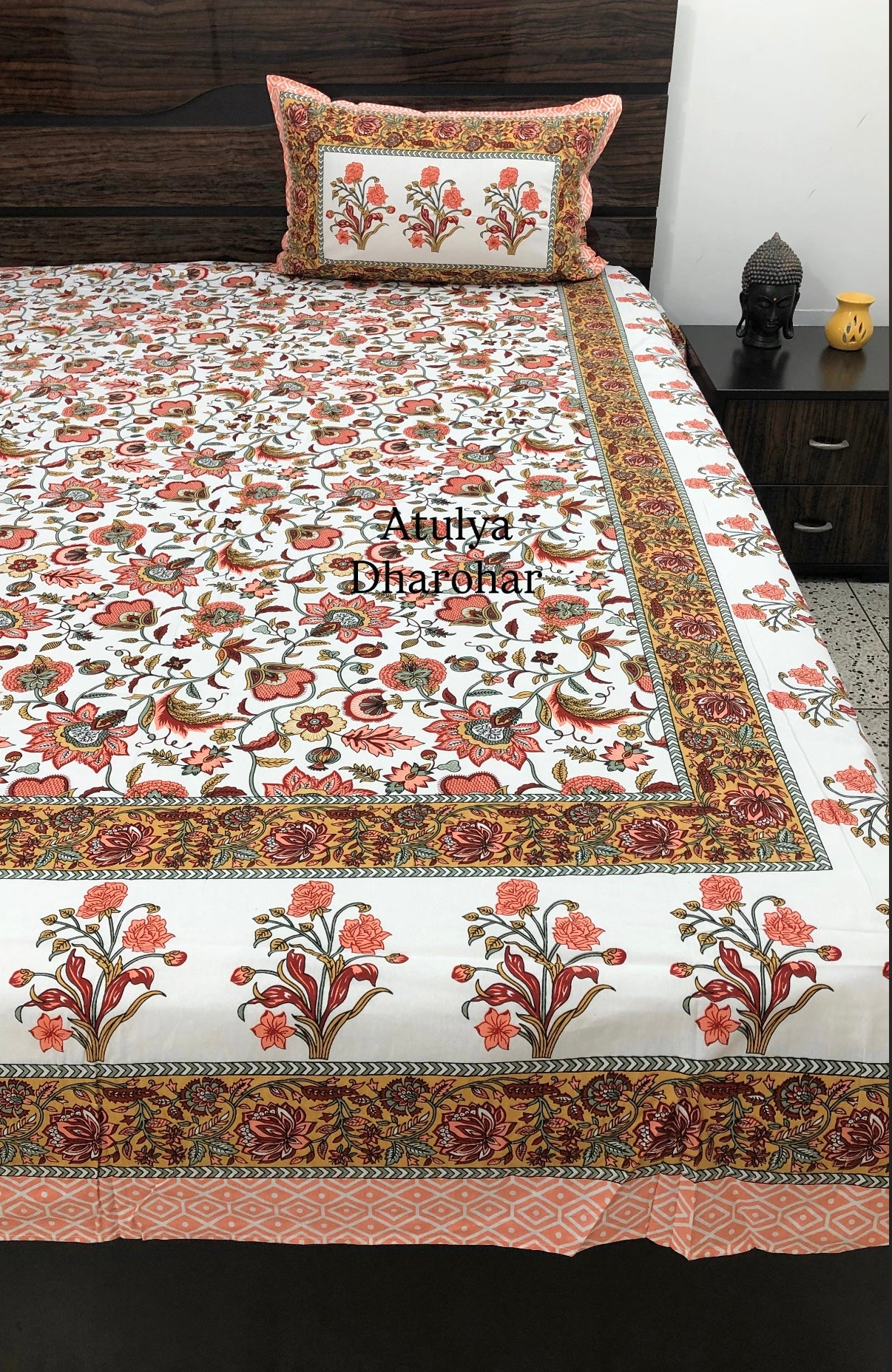 Orange Floral Jaal Cotton Super King Bedsheet