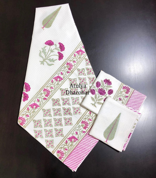 Magenta Pink Mughal Motifs Hand Block Waffle Cotton Towel Set