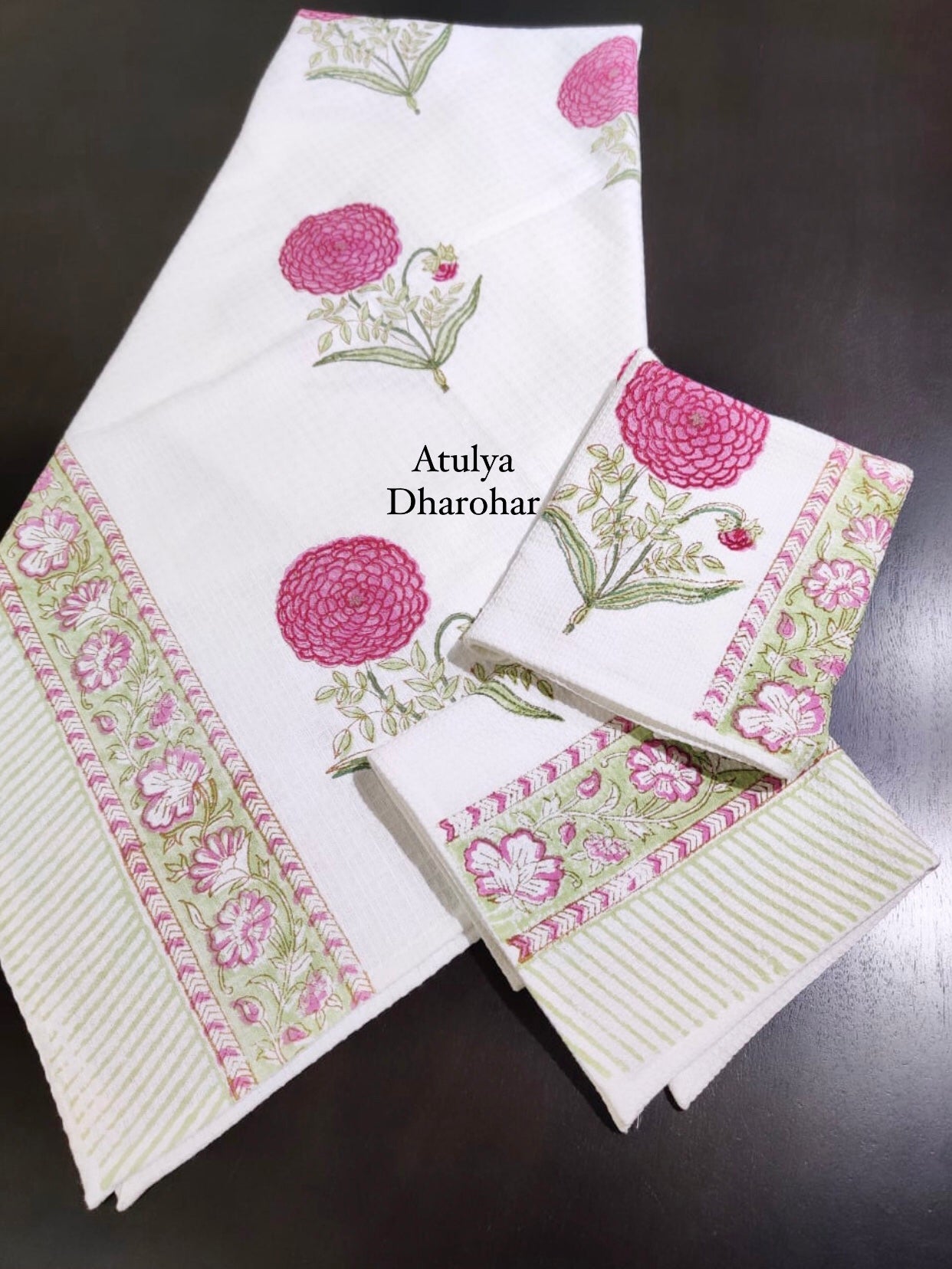 Pinkish Purple Floral Motifs Hand Block Waffle Cotton Towel Set