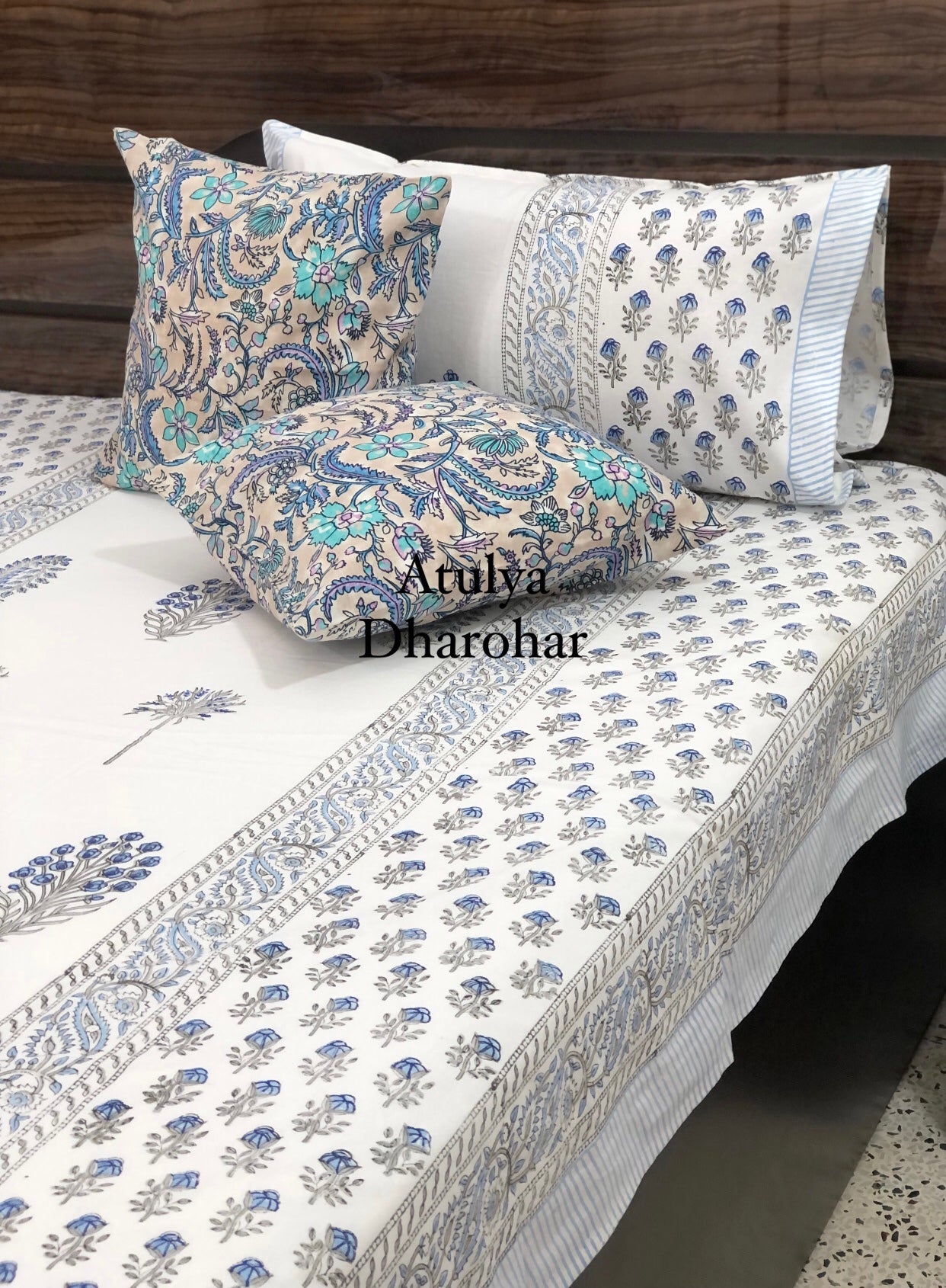 Blue Floral Motifs Hand Block Printed Super King Bedsheet