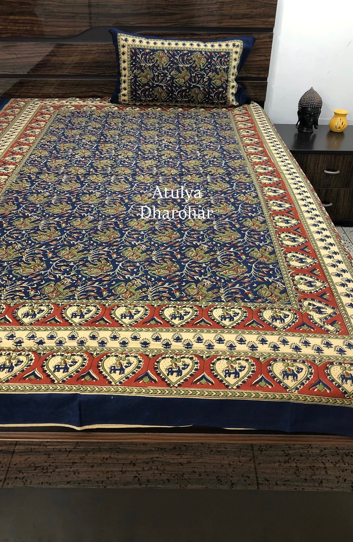 Indigo Elephant Motifs Cotton Single Bed Bedsheet