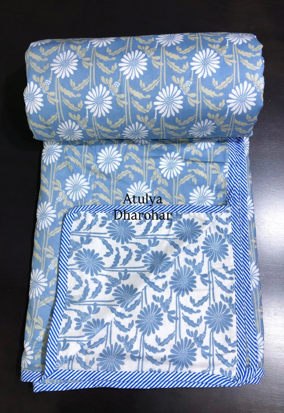 Blue Floral Jaal Mulmul Double Bed Dohar