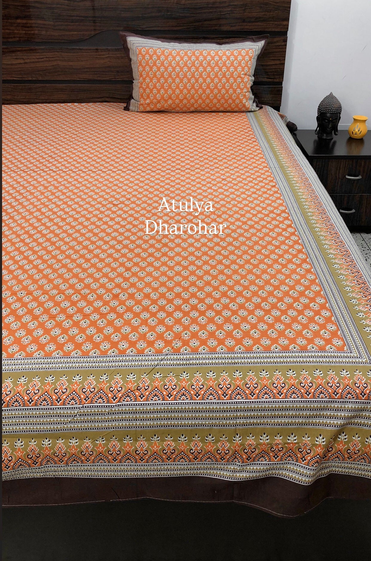 Orange Butti Cotton King Size Bedsheet