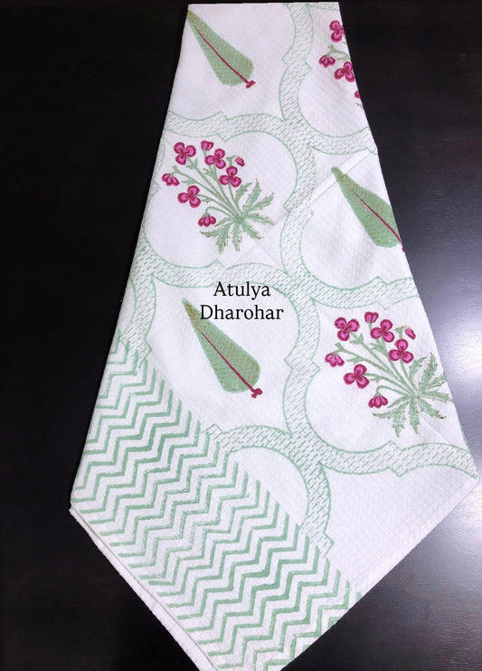 Pink and Green Mughal Jaal Hand Block Printed Waffle Cotton Towel