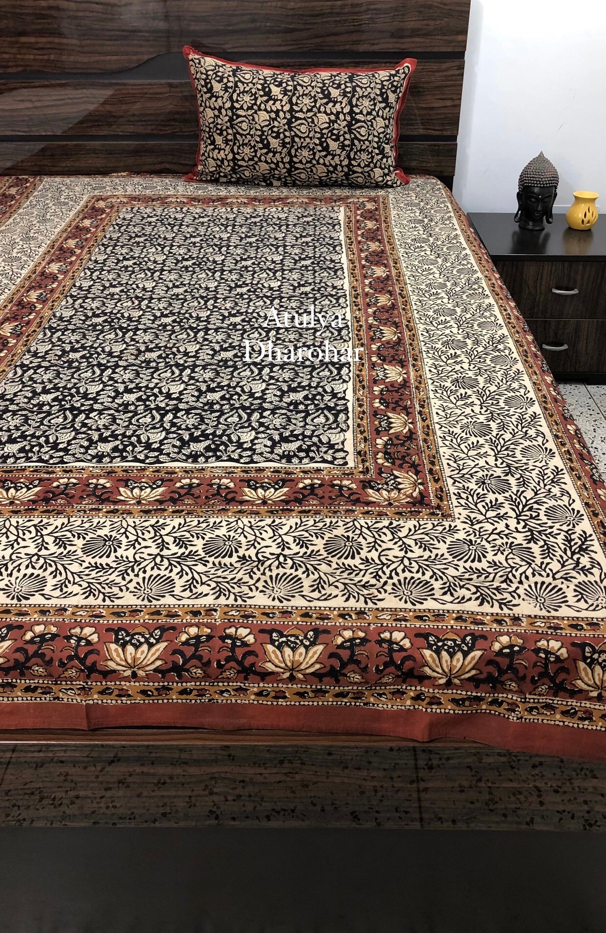 Black Kalamkari Hand Block Printed Single Bedsheet