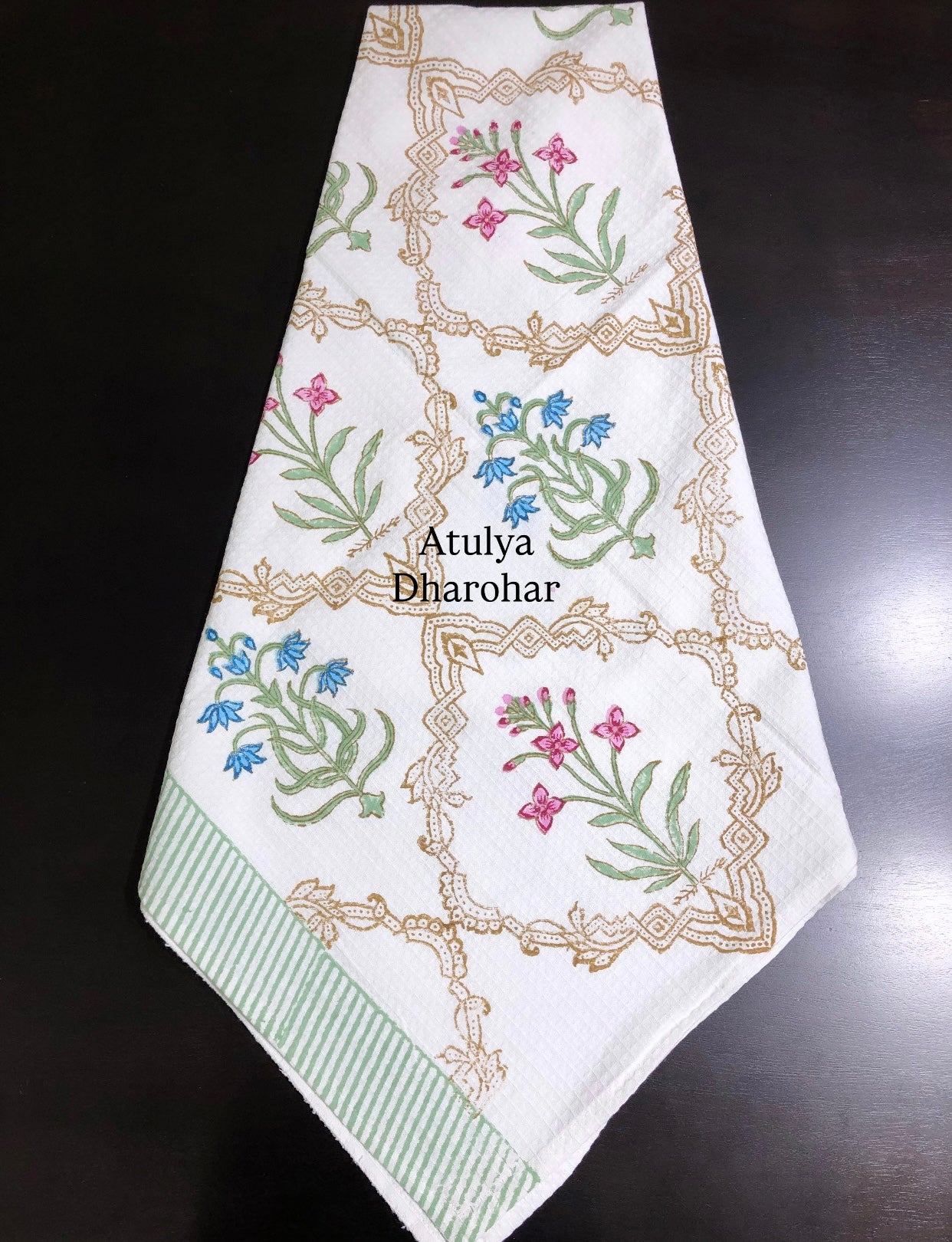 Blue and Pink Mughal Jaal Hand Block Printed Waffle Cotton Towel