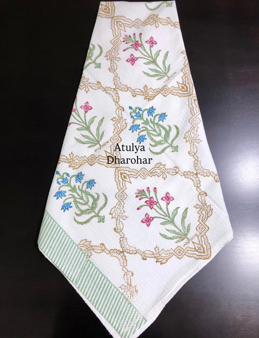 Blue and Pink Mughal Jaal Hand Block Printed Waffle Cotton Towel