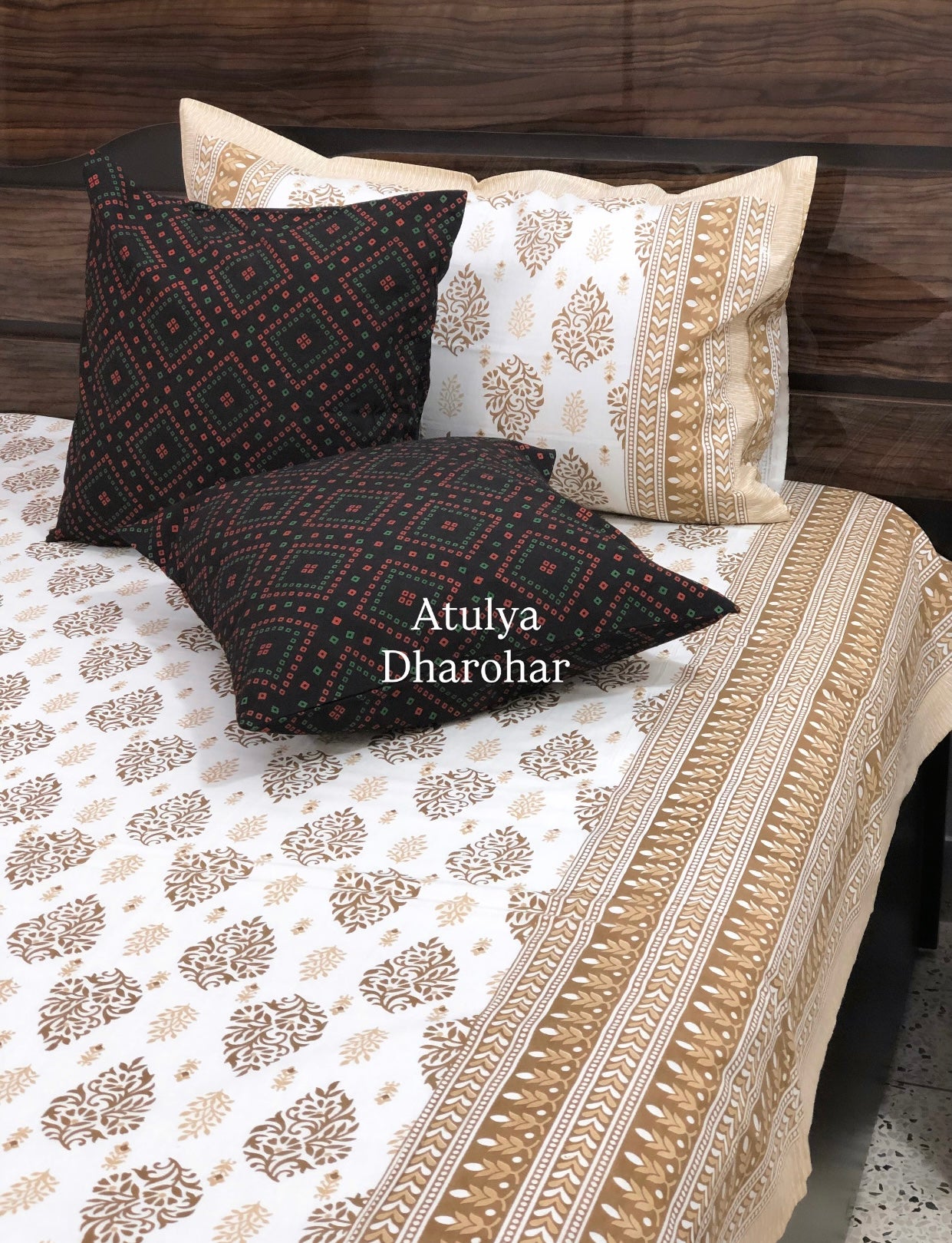 Brown Mughal Motifs Cotton King Size Bedsheet