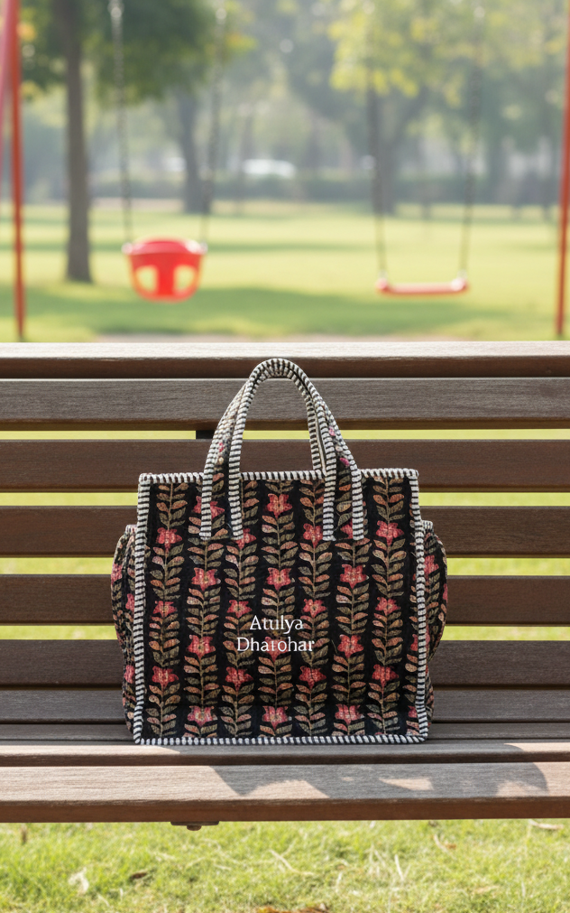 Black Floral Mini Tote Bag with Zip