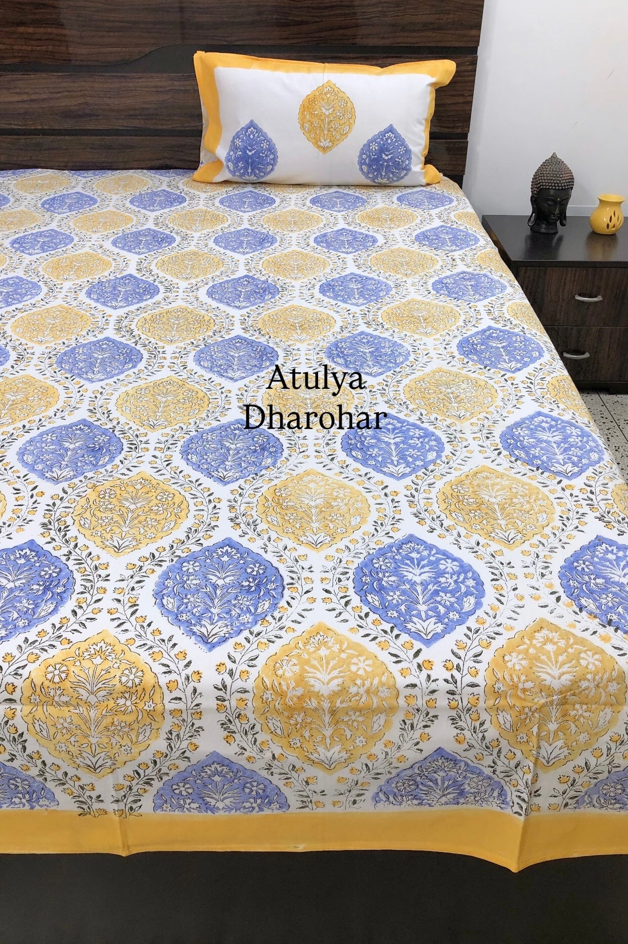 Yellow and Blue Mughal Jaal Cotton Hand Block Super King Bedsheet