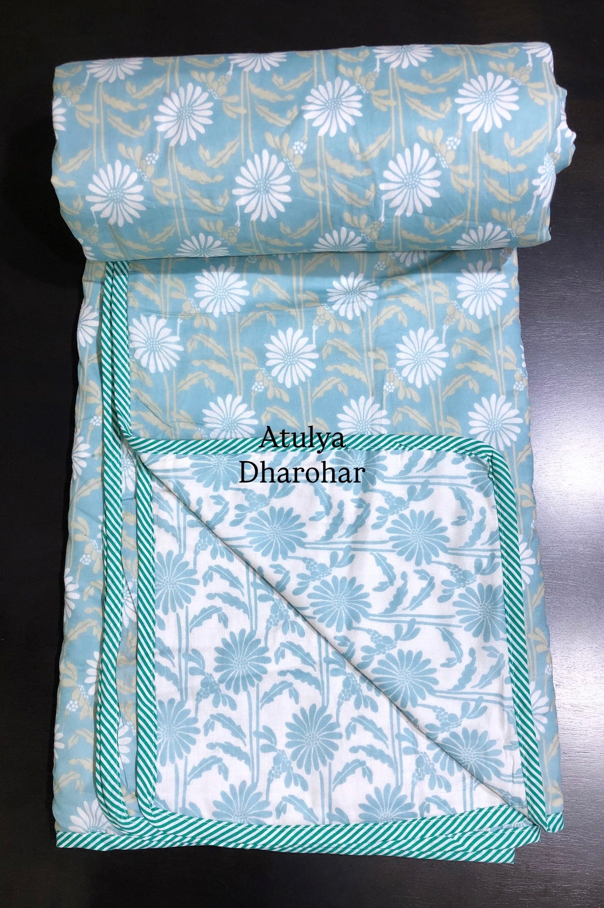 Turquoise Floral Jaal Mulmul Double Bed Dohar