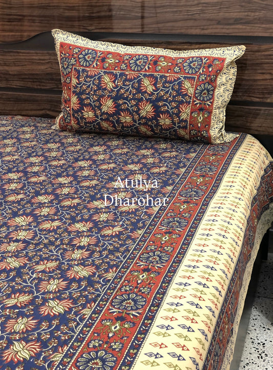 Indigo and Red Cotton Kalamkari Super King Bedsheet