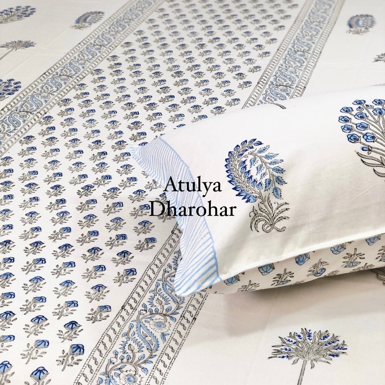 Blue Floral Motifs Hand Block Printed Super King Bedsheet