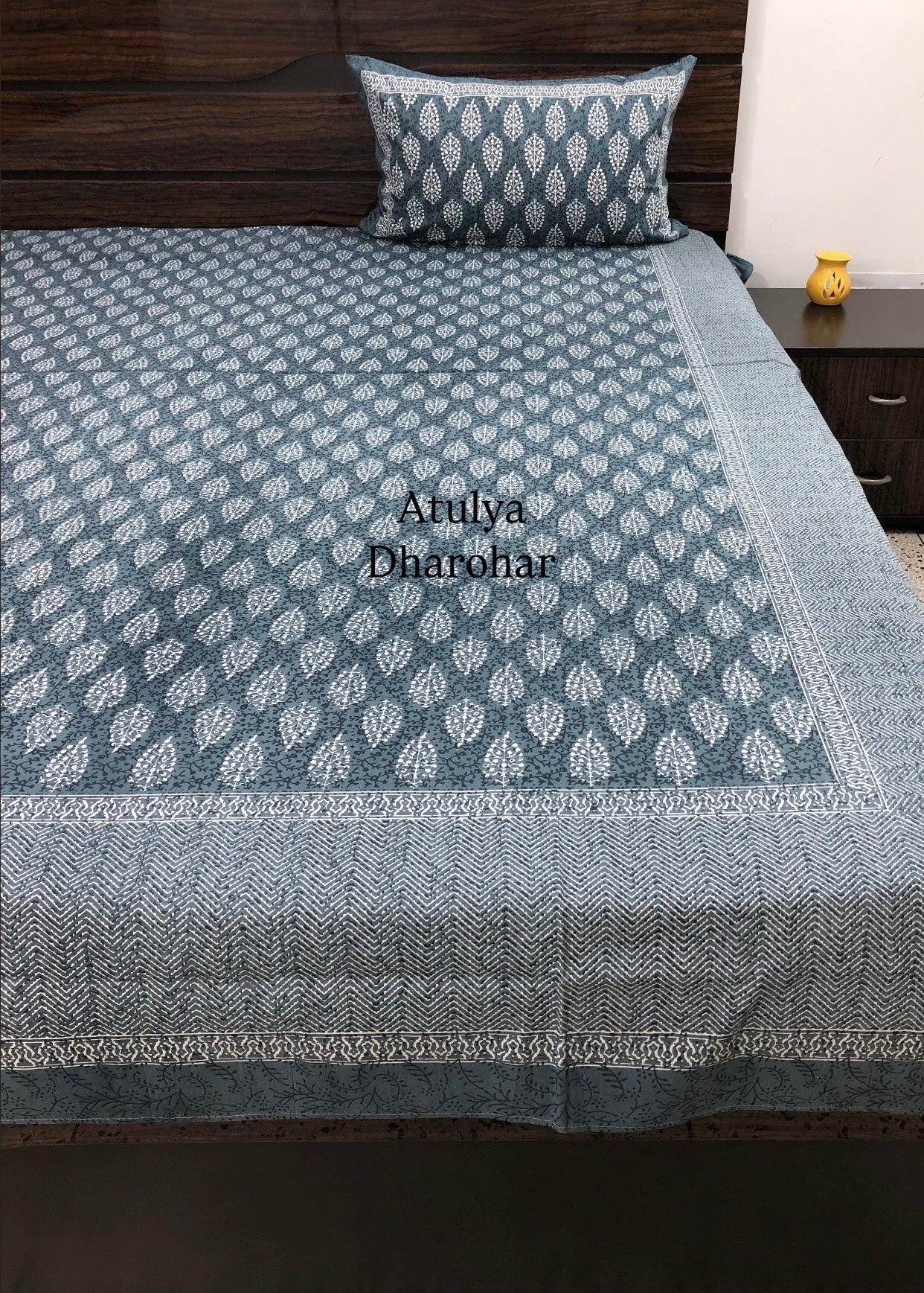 Bluish Grey Butti Cotton King Size Bedsheet
