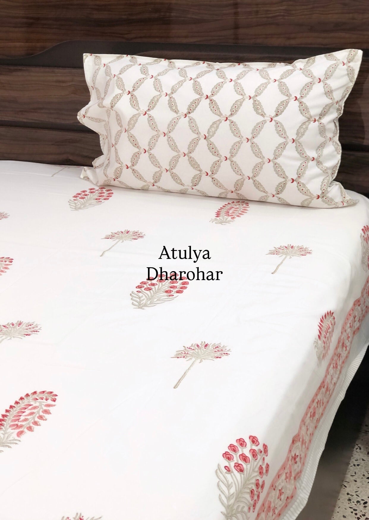 Peach Floral Motifs Hand Block Printed Super King Bedsheet