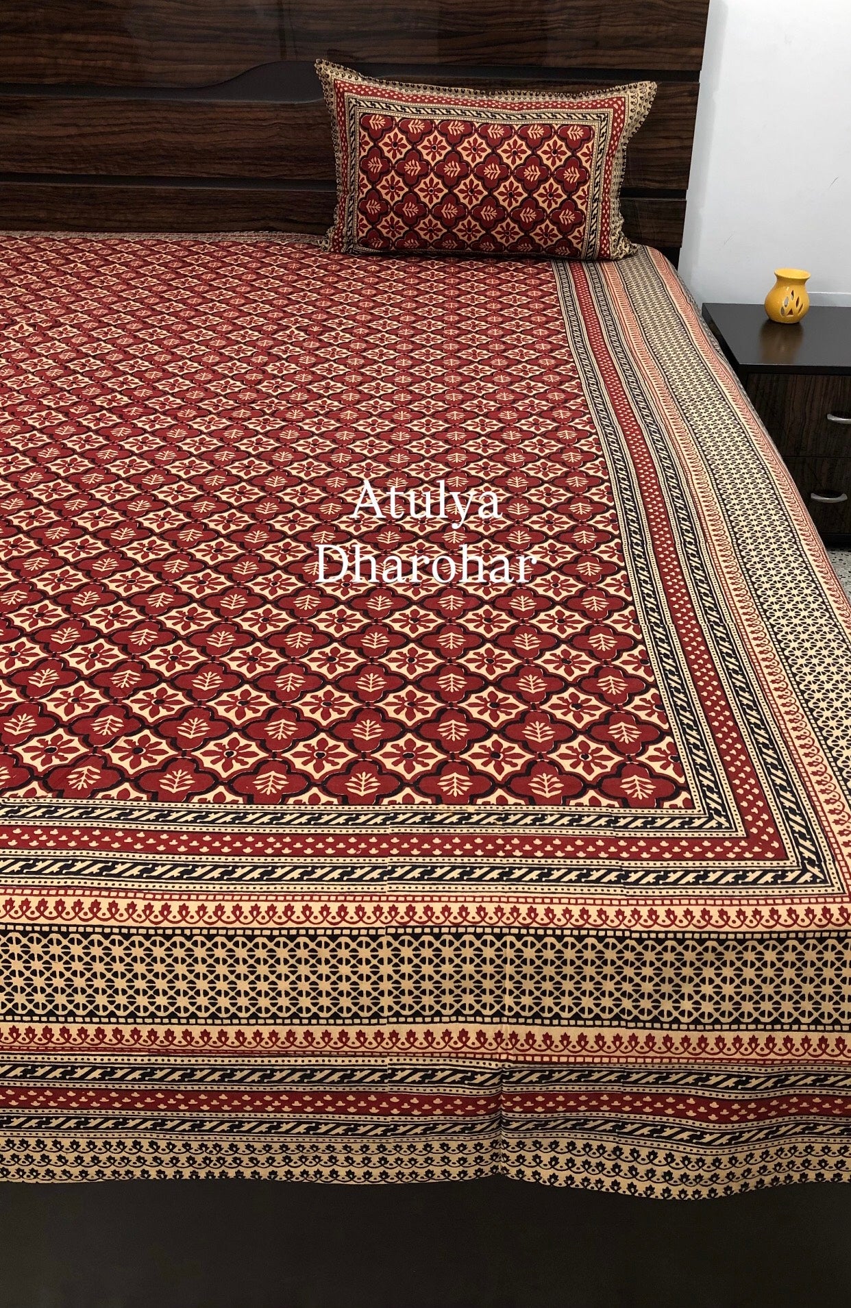 Maroon & Black Cotton Kalamkari King Size Bedsheet