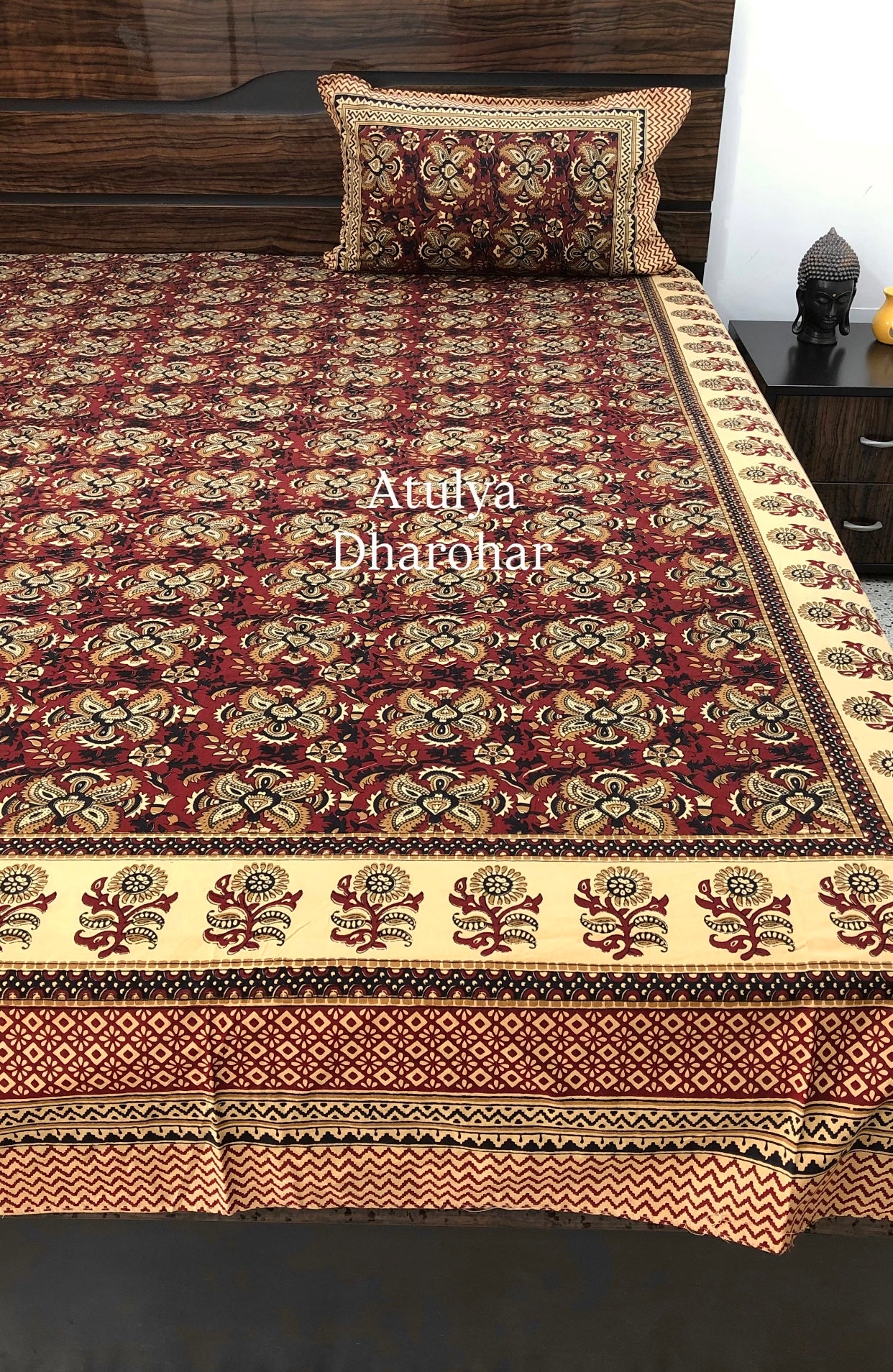 Dark Maroon and Black Cotton Kalamkari Super King Bedsheet