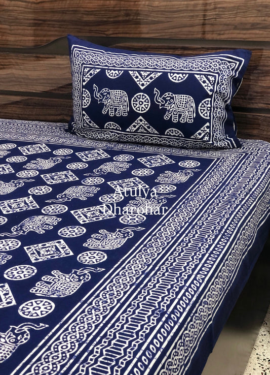 Indigo Elephant Motifs Cotton Single Bedsheet