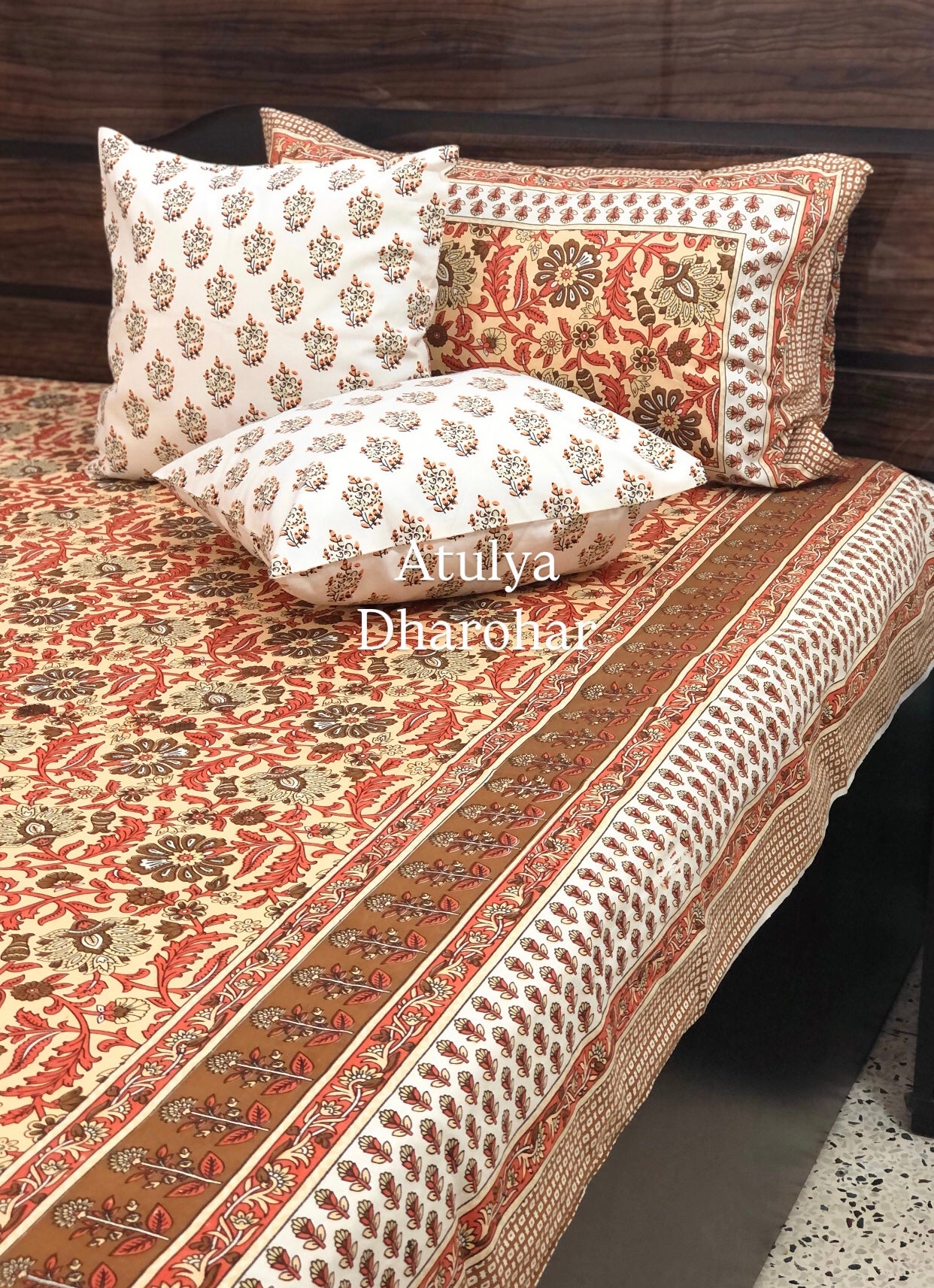 Rust and Green Floral Jaal Cotton King Size Bedsheet