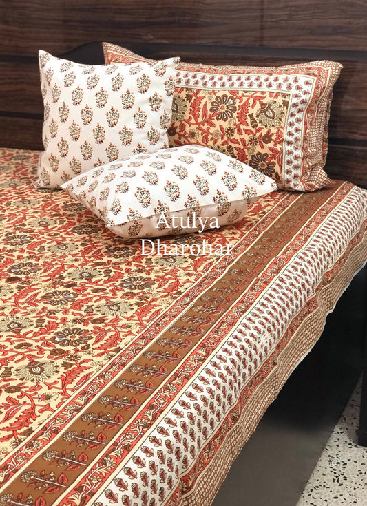 Rust and Green Floral Jaal Cotton King Size Bedsheet